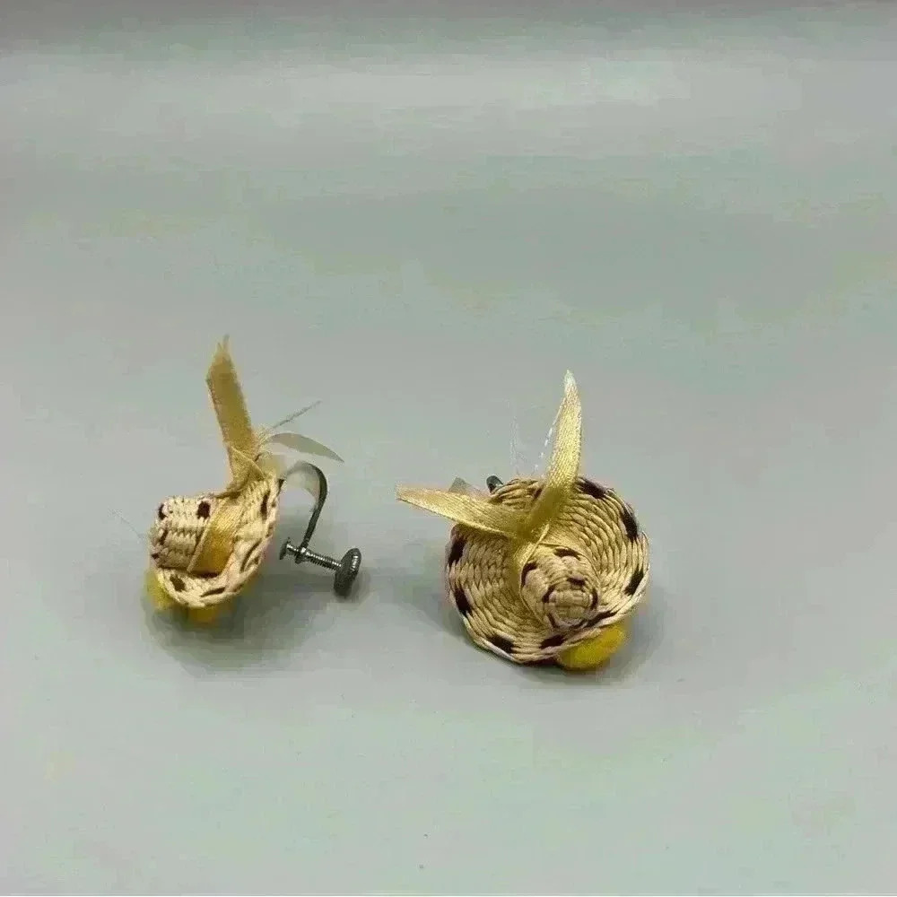 Vintage Straw Hat Stud Screwback Earrings With Ribbon